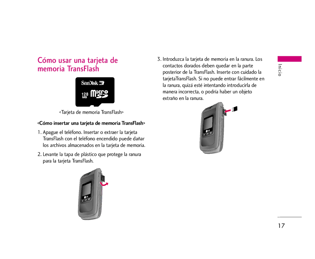 LG Electronics U8500 manual Cómo usar una tarjeta de memoria TransFlash, Tarjeta de memoria TransFlash 