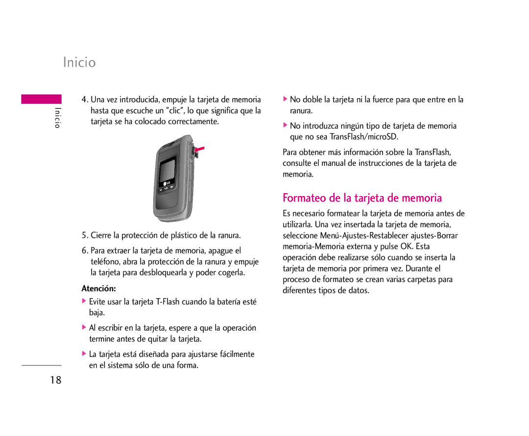 LG Electronics U8500 manual Formateo de la tarjeta de memoria, Tarjeta se ha colocado correctamente, Atención 