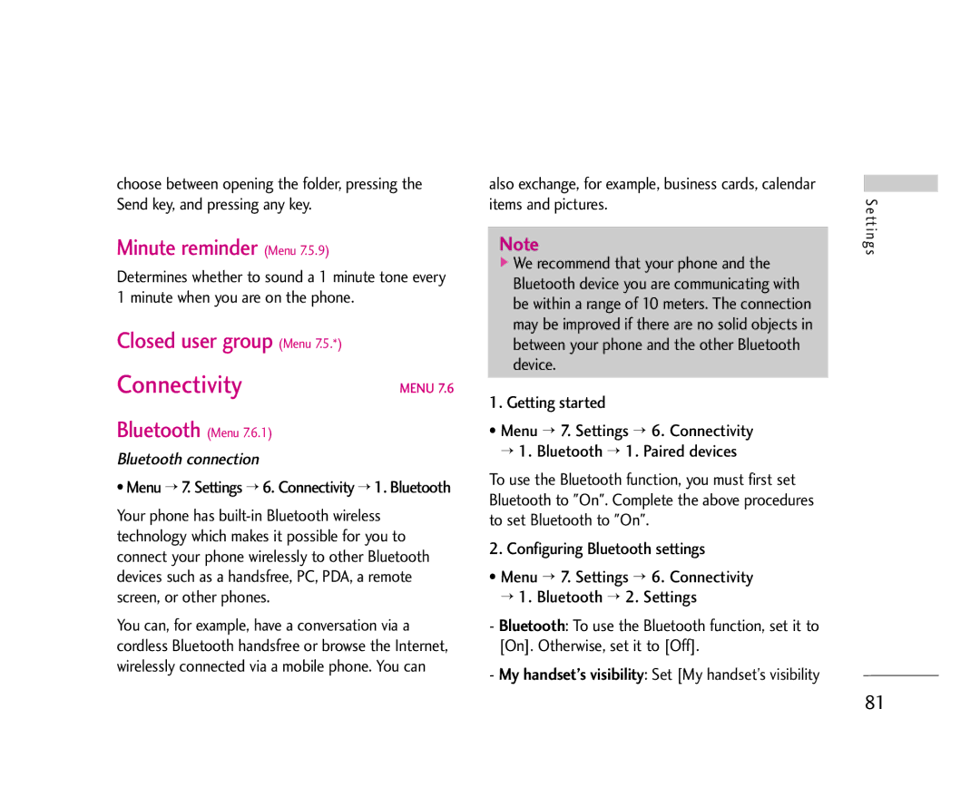 LG Electronics U8500 manual Connectivity, Minute reminder Menu, Closed user group Menu 