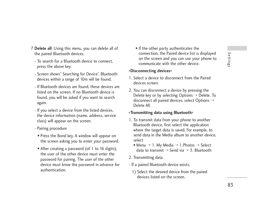 LG Electronics U8500 manual Pairing procedure, Disconnecting devices, Transmitting data using Bluetooth 