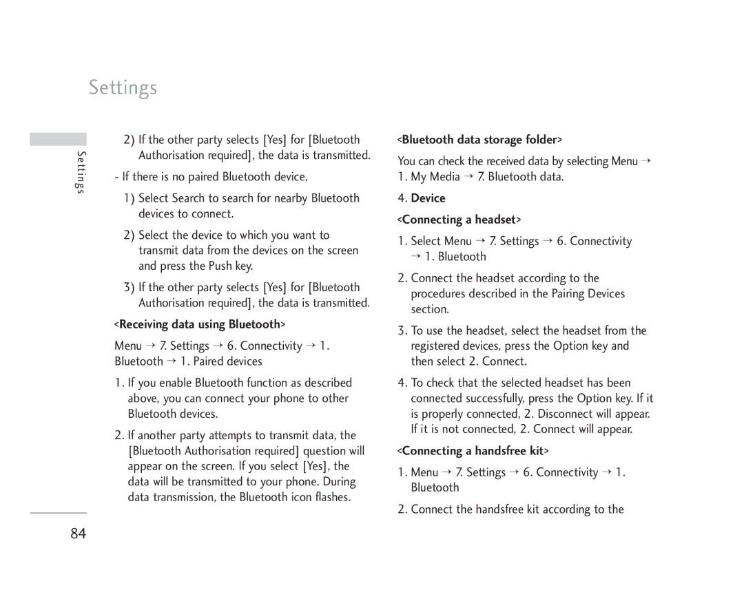 LG Electronics U8500 manual Receiving data using Bluetooth, Bluetooth data storage folder, Connecting a handsfree kit 