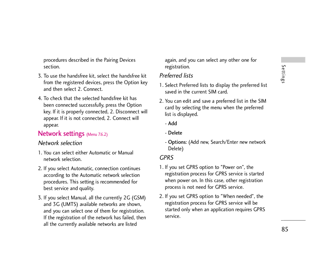 LG Electronics U8500 manual Network settings Menu, Procedures described in the Pairing Devices section 