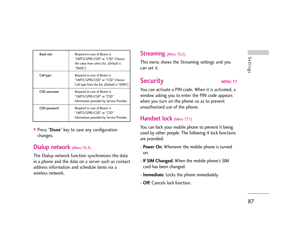 LG Electronics U8500 manual Security, Dialup network Menu, Handset lock Menu 
