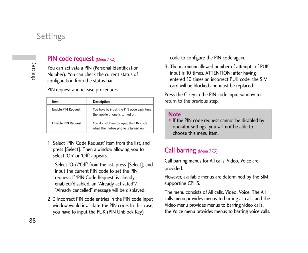 LG Electronics U8500 manual PIN code request Menu, Call barring Menu 