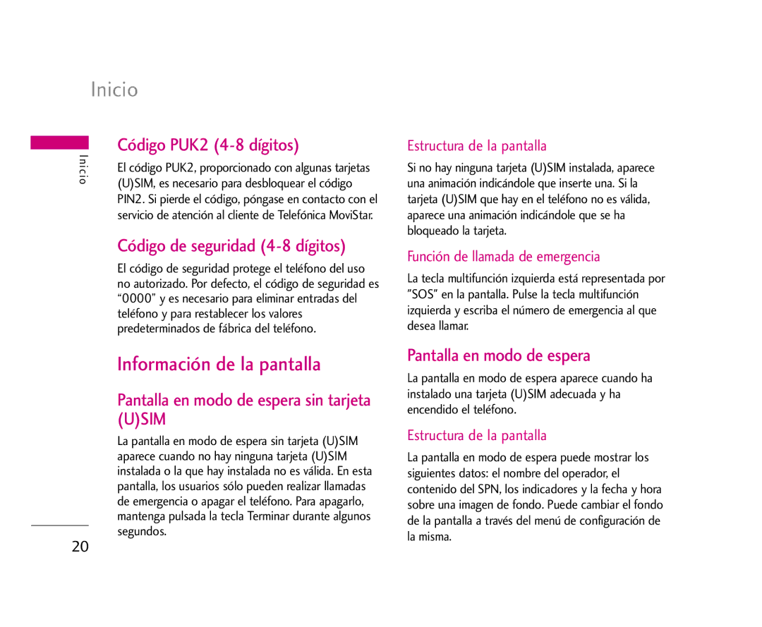 LG Electronics U8500 manual Información de la pantalla, Código PUK2 4-8 dígitos, Código de seguridad 4-8 dígitos 