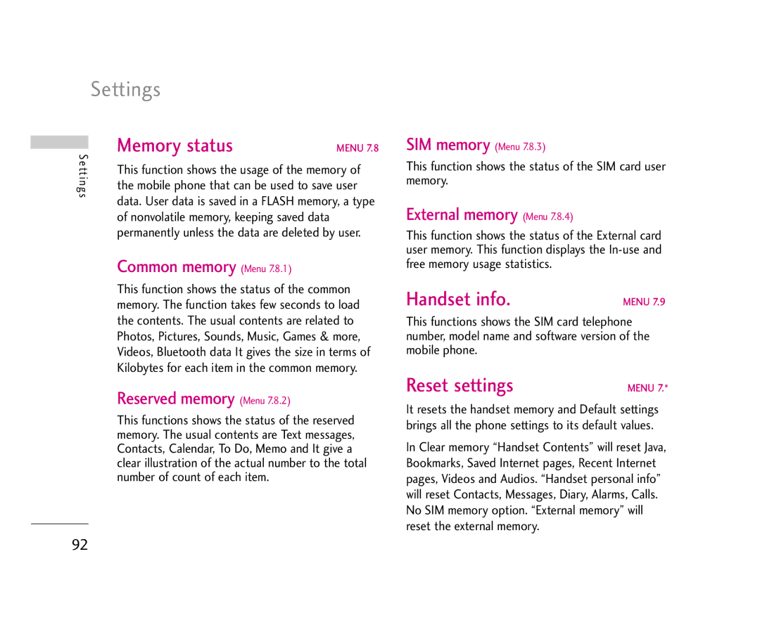 LG Electronics U8500 manual Handset info, Reset settings 