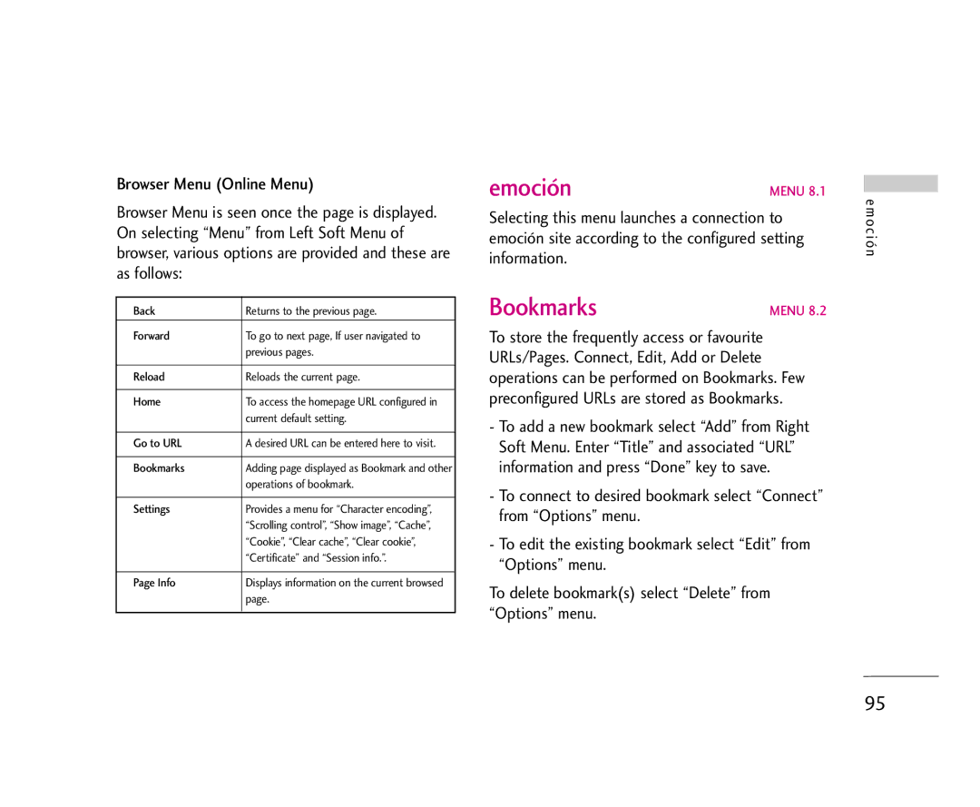 LG Electronics U8500 manual Emoción, Bookmarks 