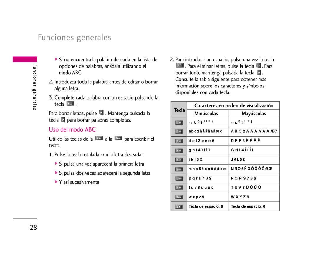 LG Electronics U8500 manual Uso del modo ABC, Caracteres en orden de visualización, Minúsculas Mayúsculas 