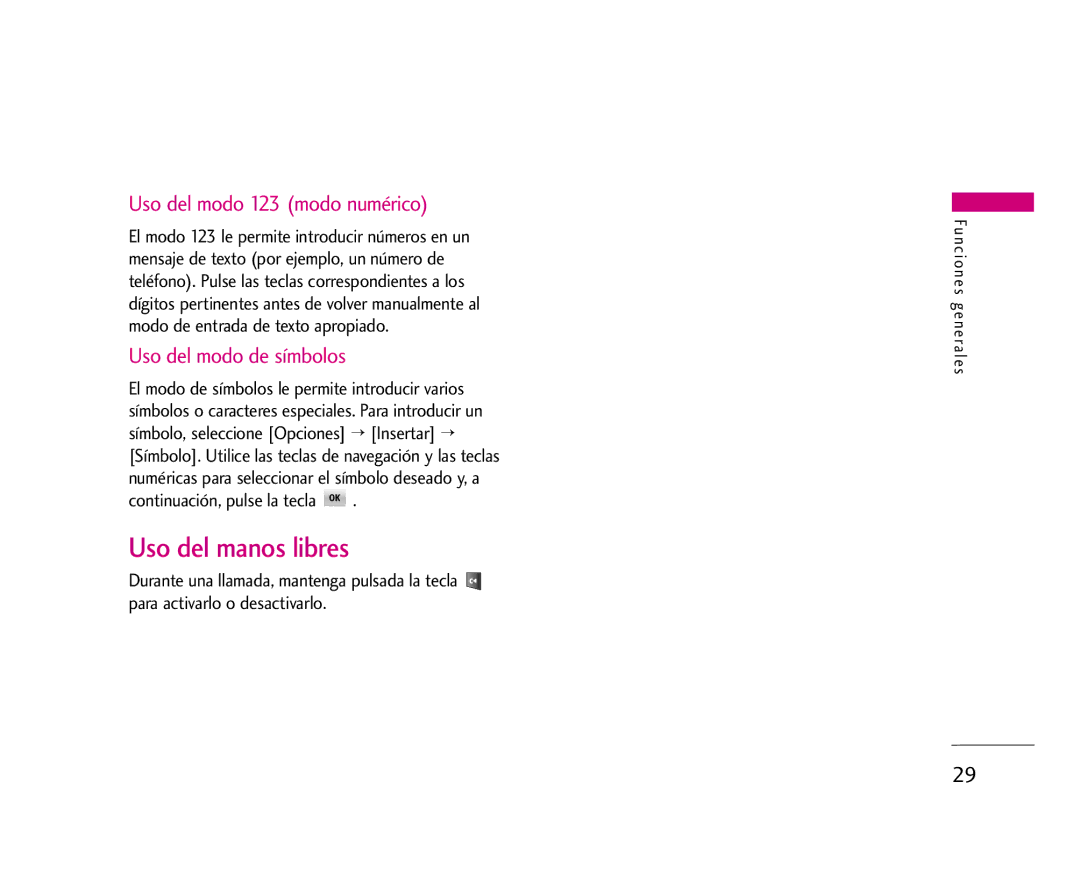 LG Electronics U8500 manual Uso del manos libres, Uso del modo 123 modo numérico, Uso del modo de símbolos 