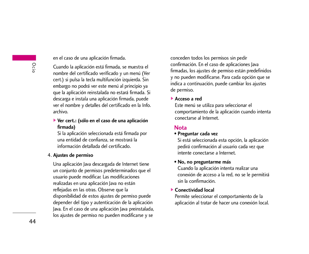 LG Electronics U8500 manual Ver cert. sólo en el caso de una aplicación firmada, Ajustes de permiso, Acceso a red 