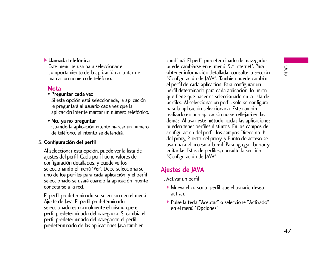 LG Electronics U8500 manual Ajustes de Java, Llamada telefónica, Configuración del perfil 