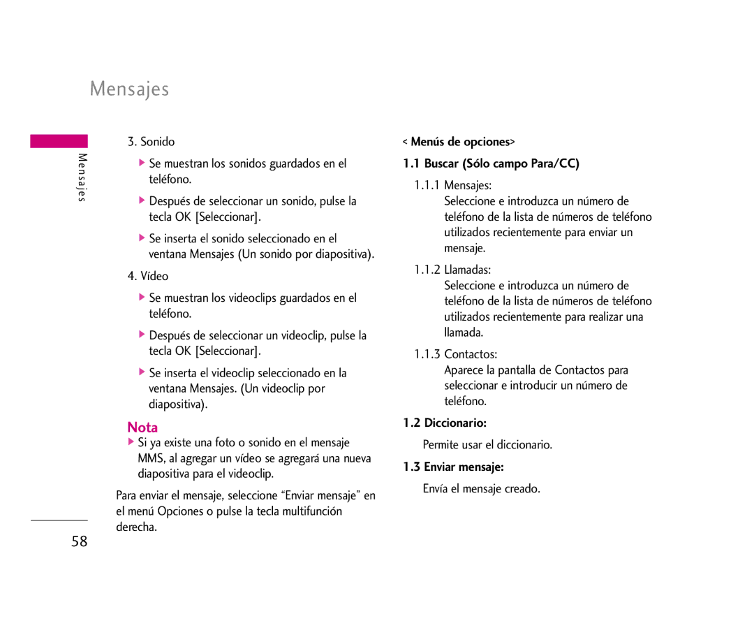 LG Electronics U8500 manual Mensajes, Menús de opciones Buscar Sólo campo Para/CC, Diccionario, Enviar mensaje 