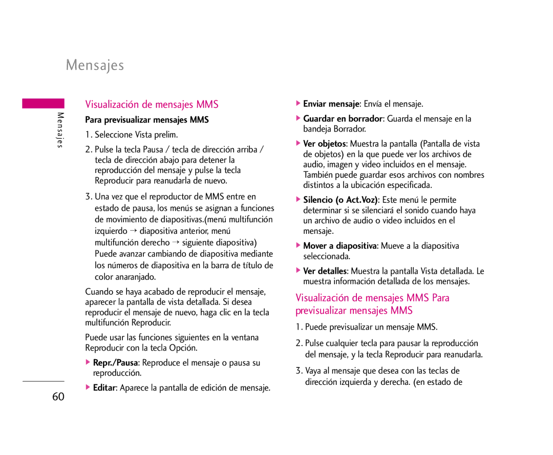 LG Electronics U8500 manual Visualización de mensajes MMS, Para previsualizar mensajes MMS 