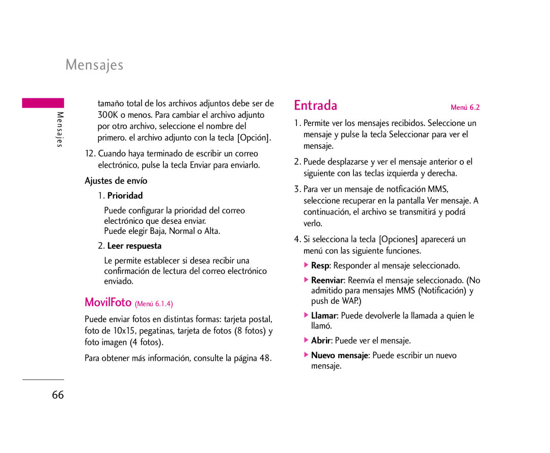 LG Electronics U8500 manual Entrada, Prioridad, Leer respuesta 