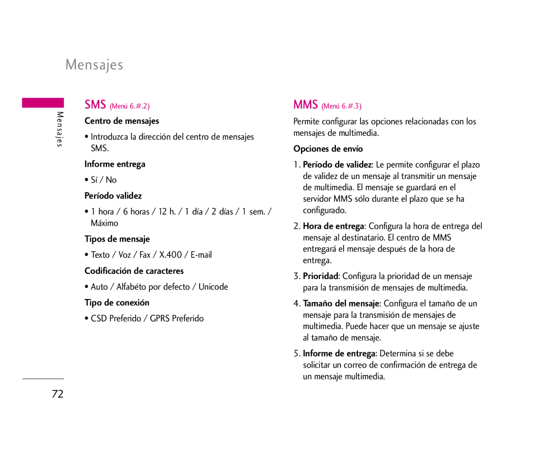 LG Electronics U8500 Centro de mensajes, Informe entrega, Período validez, Tipos de mensaje, Codificación de caracteres 