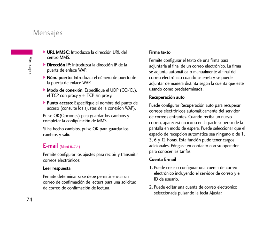 LG Electronics U8500 manual Firma texto, Recuperación auto, Cuenta E-mail 