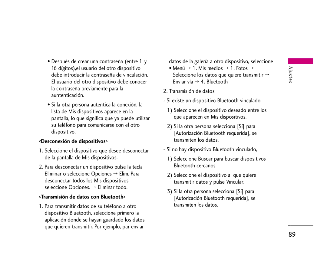 LG Electronics U8500 manual Desconexión de dispositivos, Transmisión de datos con Bluetooth 