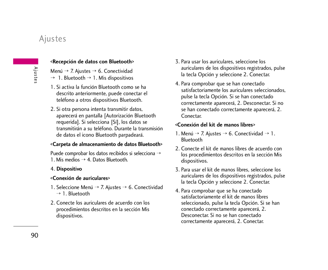 LG Electronics U8500 manual Mis medios 4. Datos Bluetooth, Conexión del kit de manos libres 