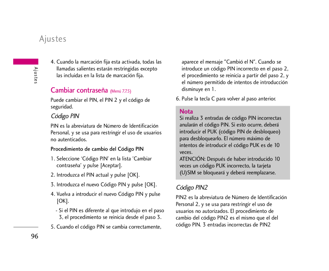 LG Electronics U8500 manual Cambiar contraseña Menú 