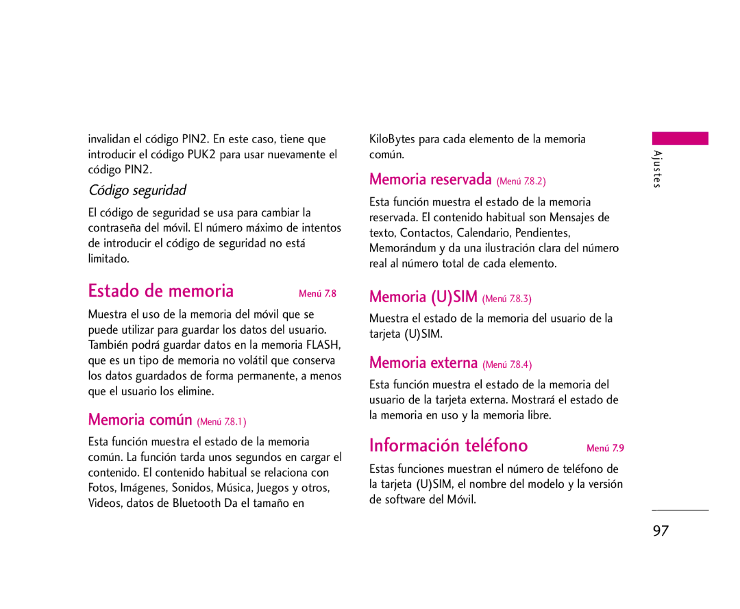 LG Electronics U8500 manual Información teléfono, KiloBytes para cada elemento de la memoria común 