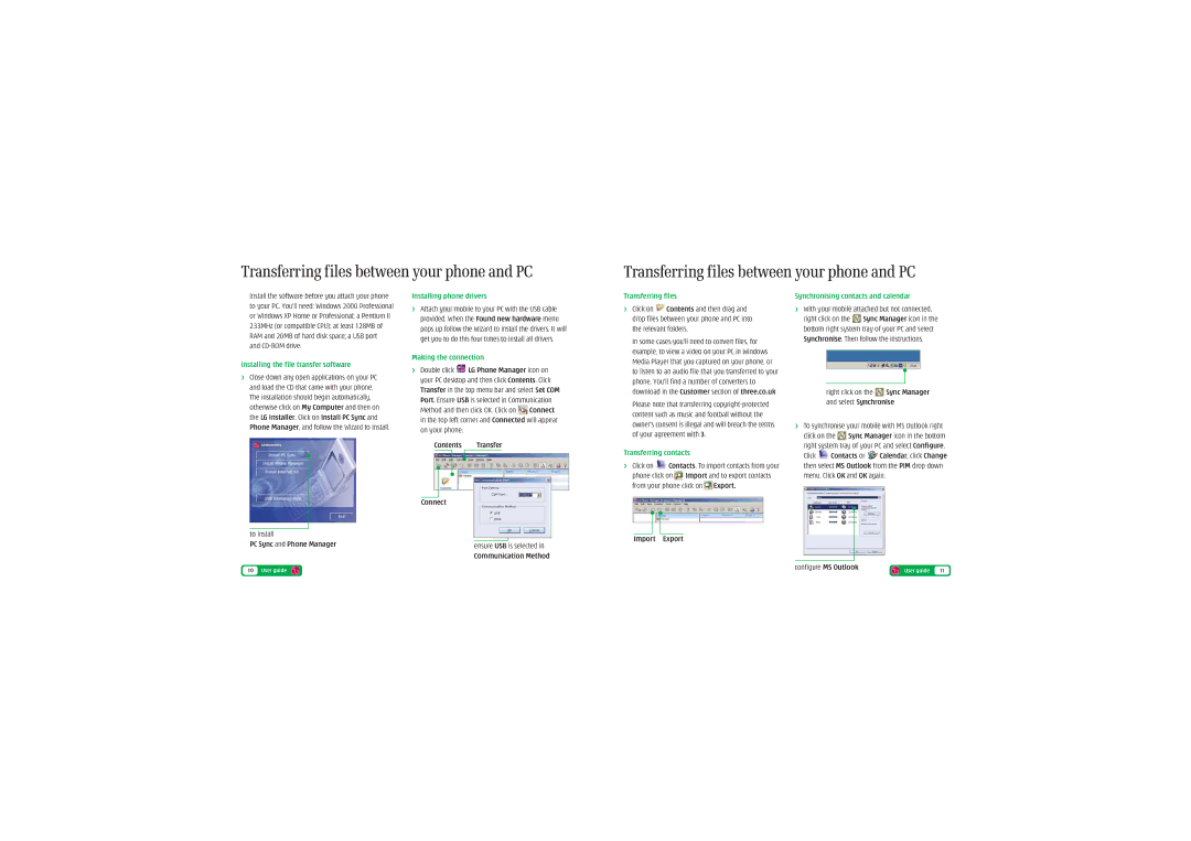 LG Electronics U8803 Transferring files between your phone and PC, Contents Transfer Connect, PC Sync and Phone Manager 