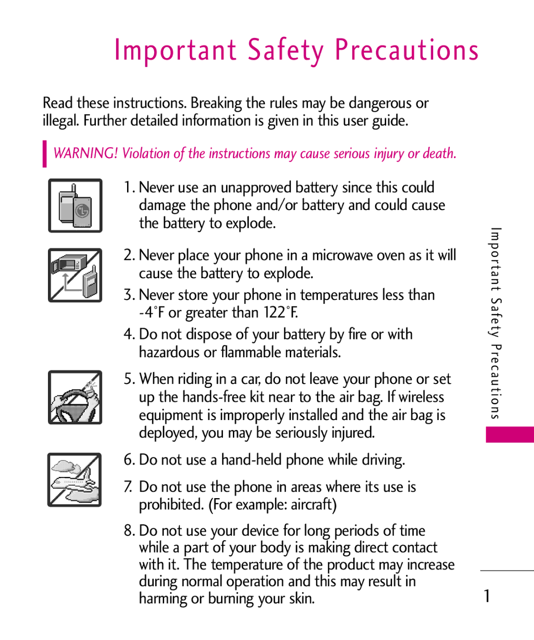 LG Electronics UN150 manual Important Safety Precautions, Do not use a hand-held phone while driving 