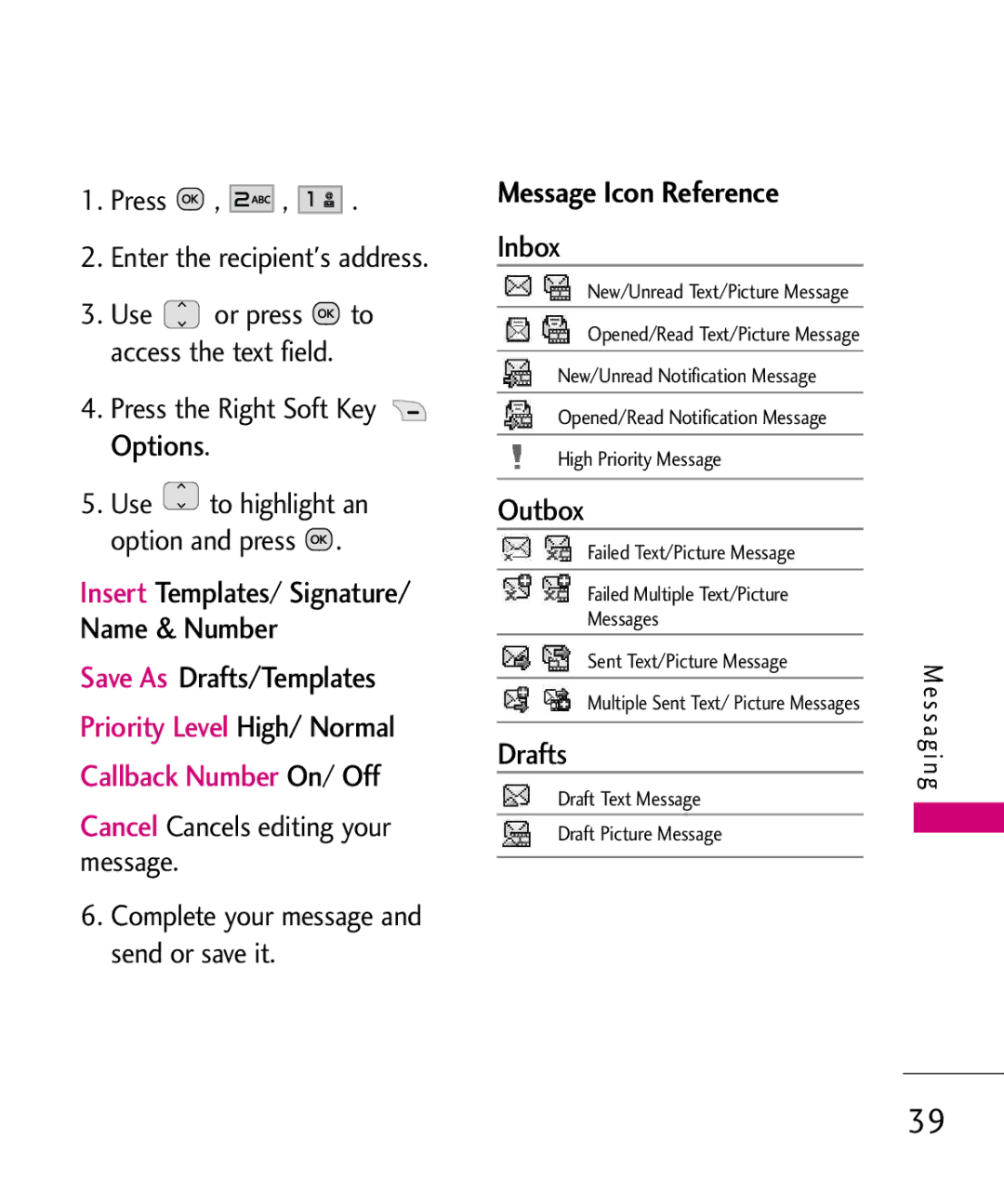 LG Electronics UN150 manual Insert Templates/ Signature Name & Number, Message Icon Reference, Inbox, Outbox 