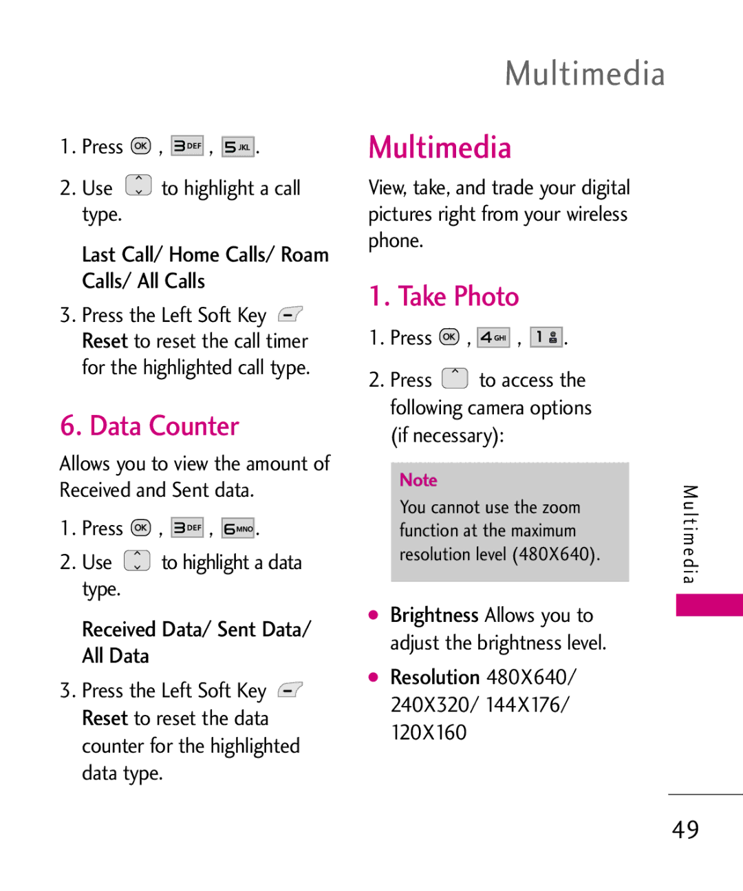 LG Electronics UN150 manual Multimedia, Data Counter, Take Photo 