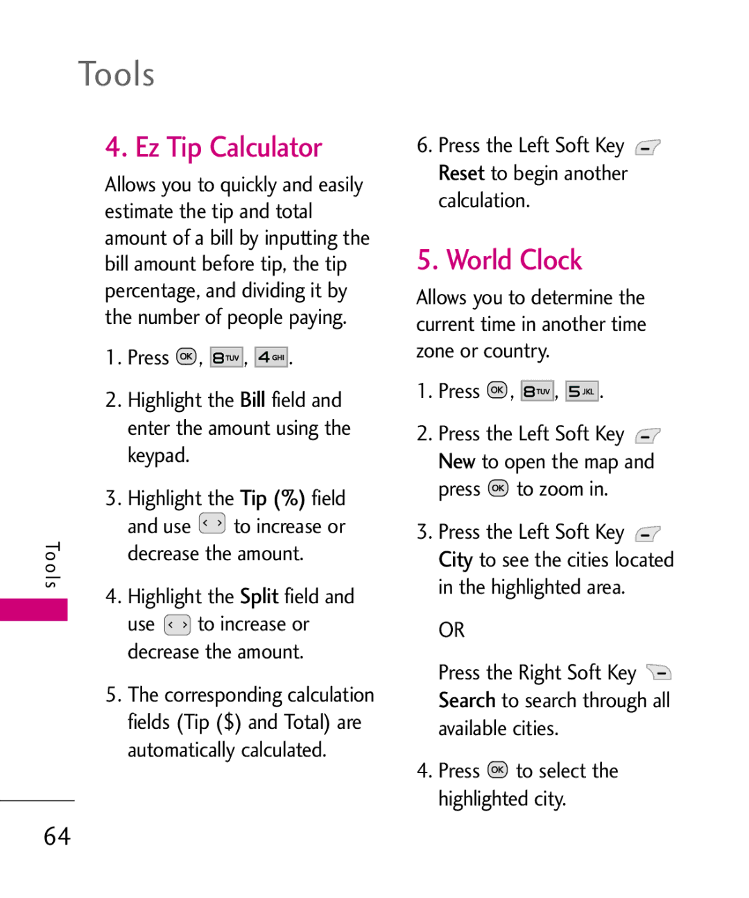 LG Electronics UN150 manual Ez Tip Calculator, World Clock, Split 