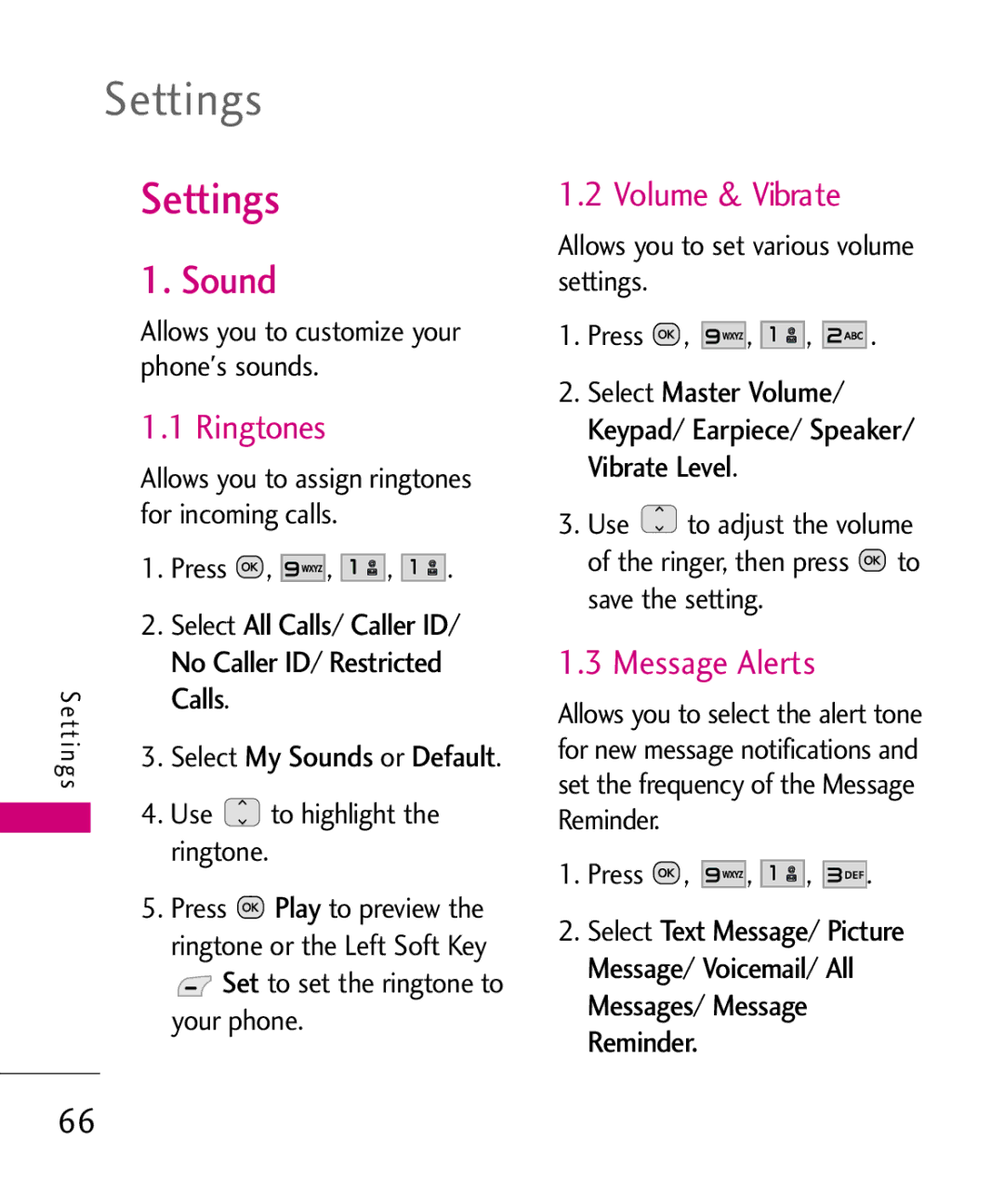 LG Electronics UN150 manual Settings, Sound, Ringtones, Volume & Vibrate, Message Alerts 