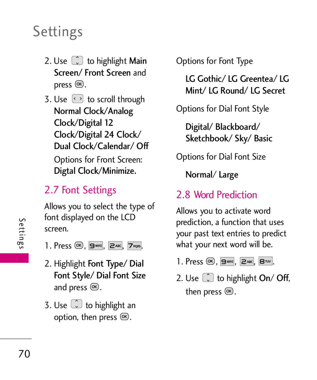 LG Electronics UN150 manual Font Settings, Word Prediction, Normal/ Large 