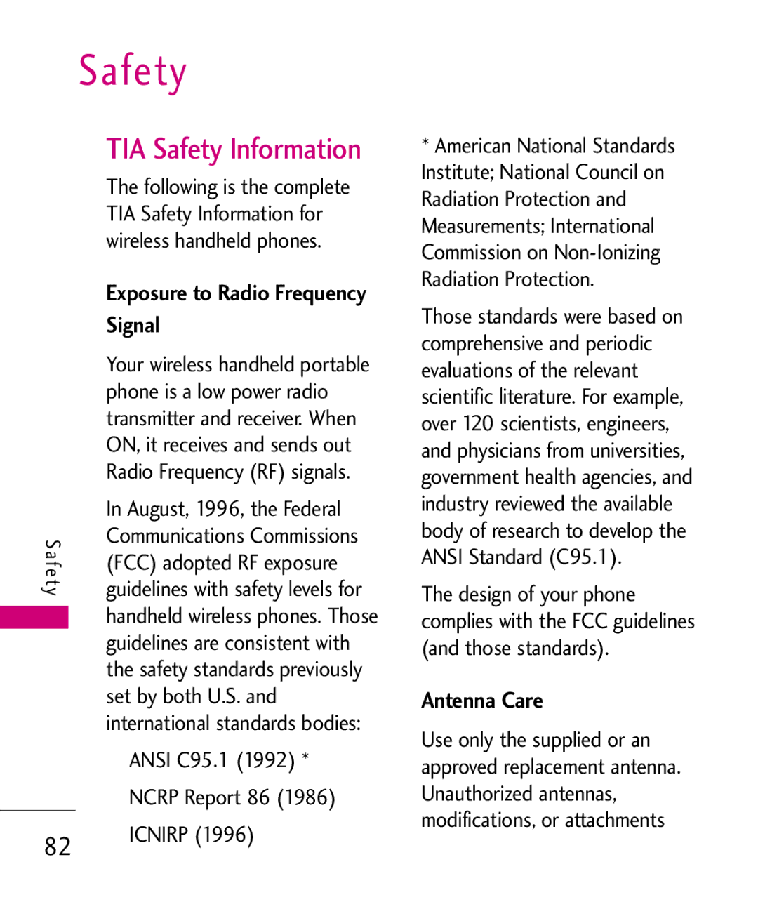 LG Electronics UN150 manual TIA Safety Information, Exposure to Radio Frequency, Antenna Care 