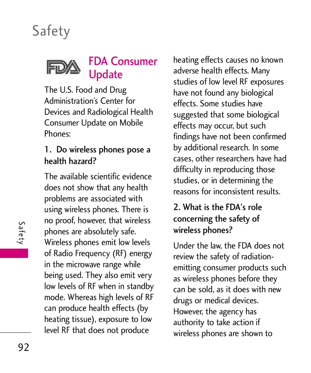 LG Electronics UN150 manual FDA Consumer Update, Do wireless phones pose a, Health hazard? 