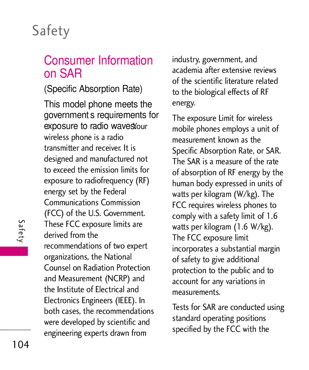 LG Electronics UN200 manual Consumer Information on SAR 