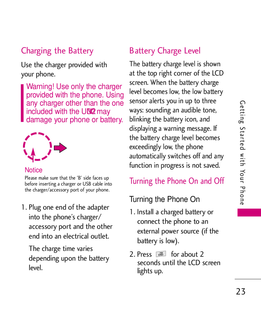 LG Electronics UN200 manual Charging the Battery, Battery Charge Level, Turning the Phone On 