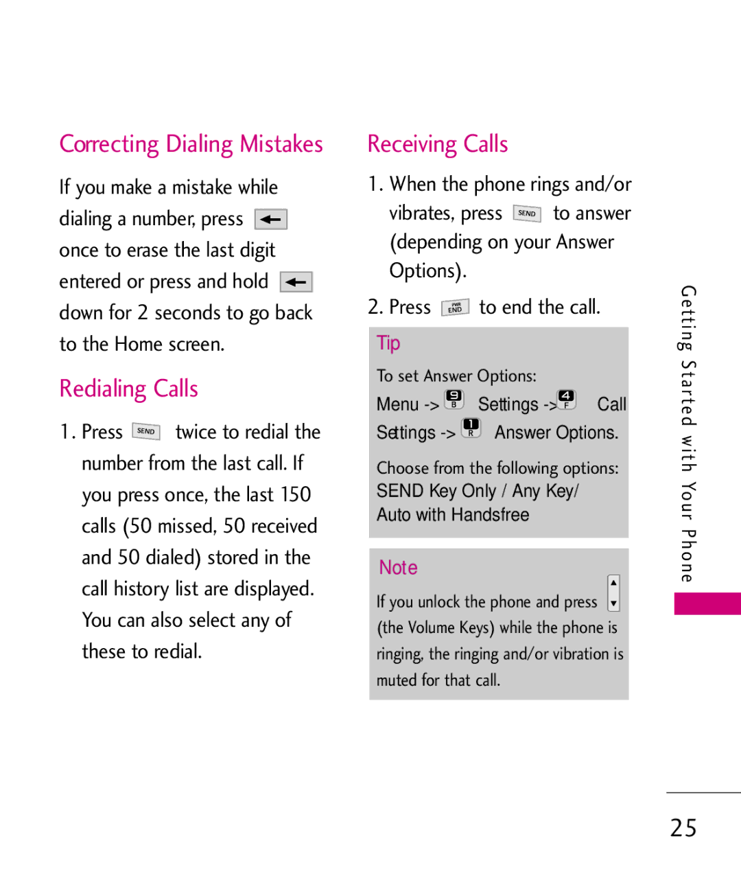 LG Electronics UN200 manual Receiving Calls, Correcting Dialing Mistakes 