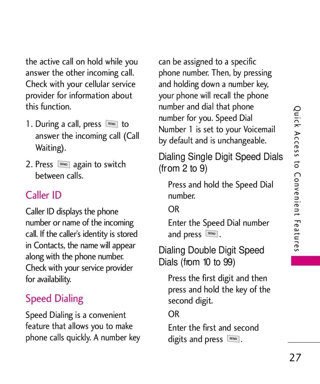 LG Electronics UN200 manual Caller ID, Speed Dialing 