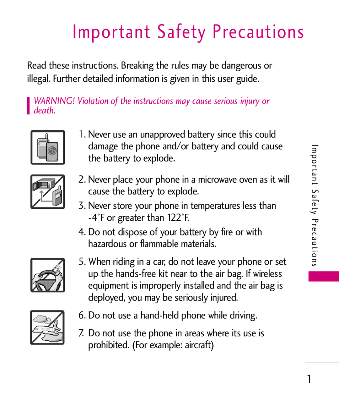 LG Electronics UN200 manual Important Safety Precautions, Do not use a hand-held phone while driving 