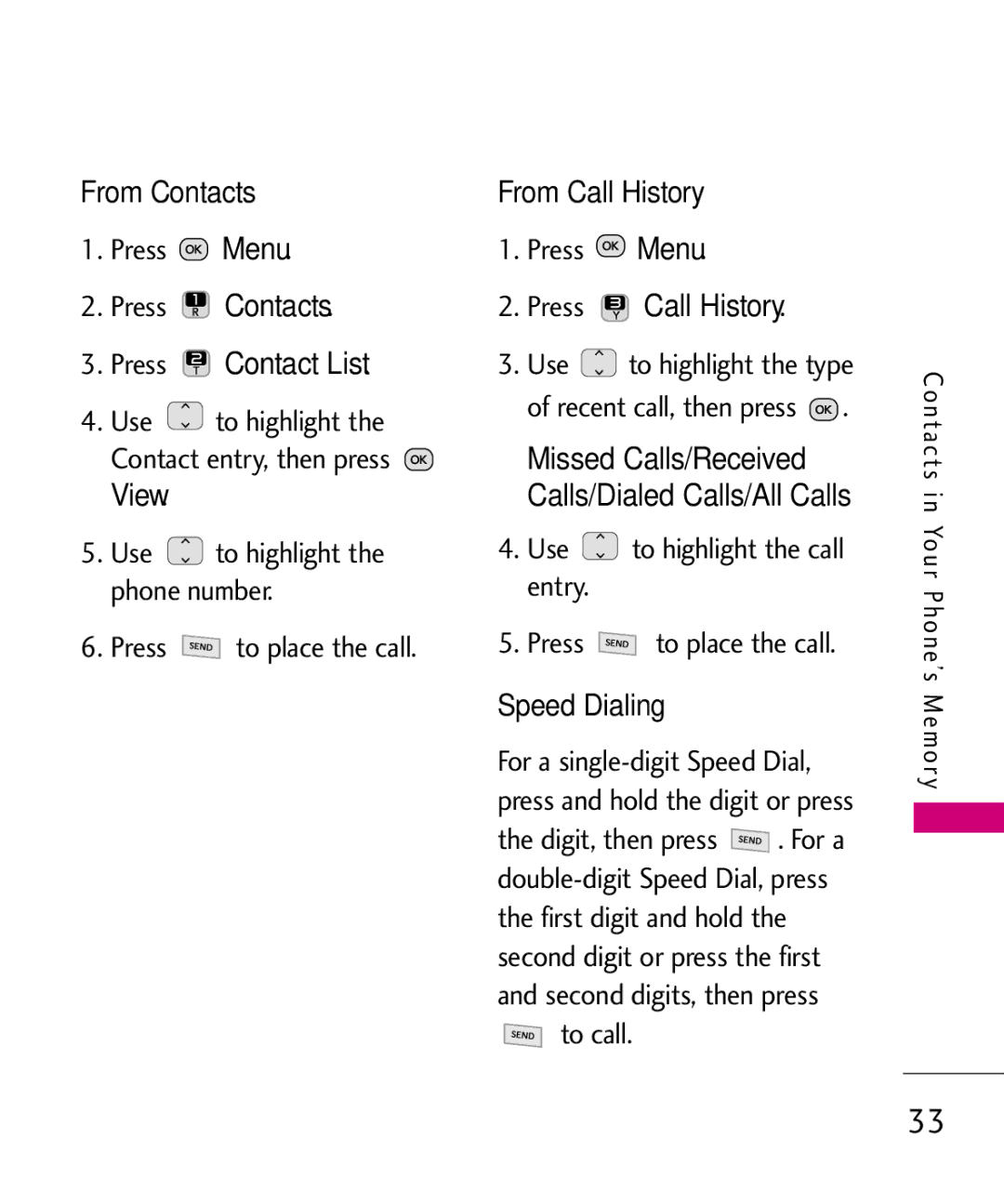 LG Electronics UN200 manual Press Call History, From Contacts Press Menu, To call 