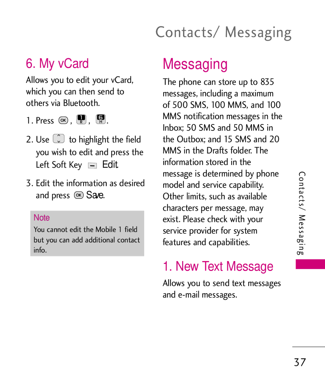 LG Electronics UN200 manual My vCard, New Text Message, Left Soft Key Edit 