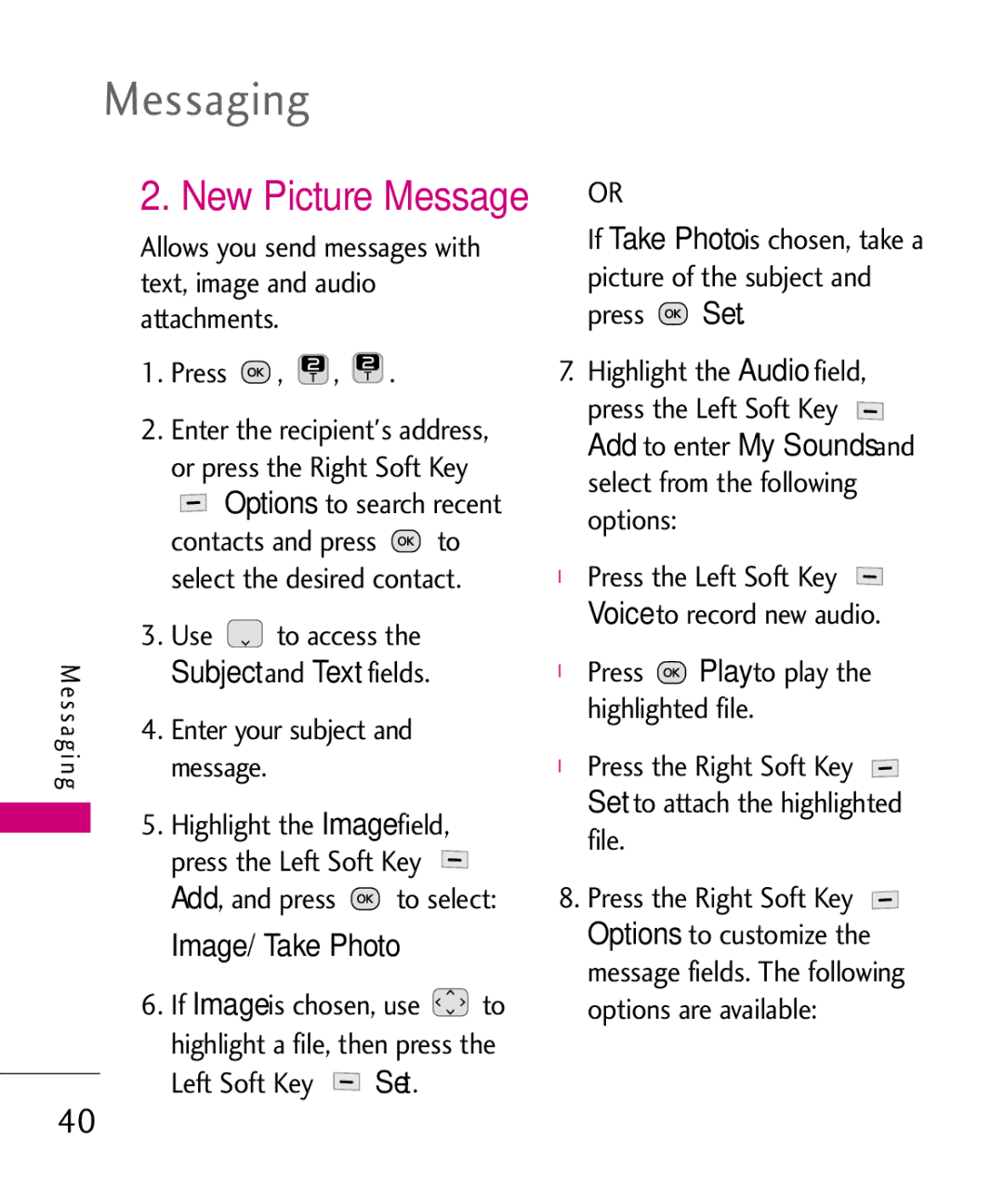 LG Electronics UN200 manual Add, Image/ Take Photo, Enter your subject Message Image Field, Press the Left Soft Key 