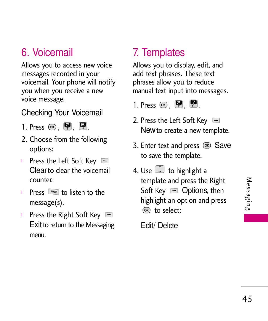 LG Electronics UN200 manual Templates, Checking Your Voicemail, Edit/ Delete 