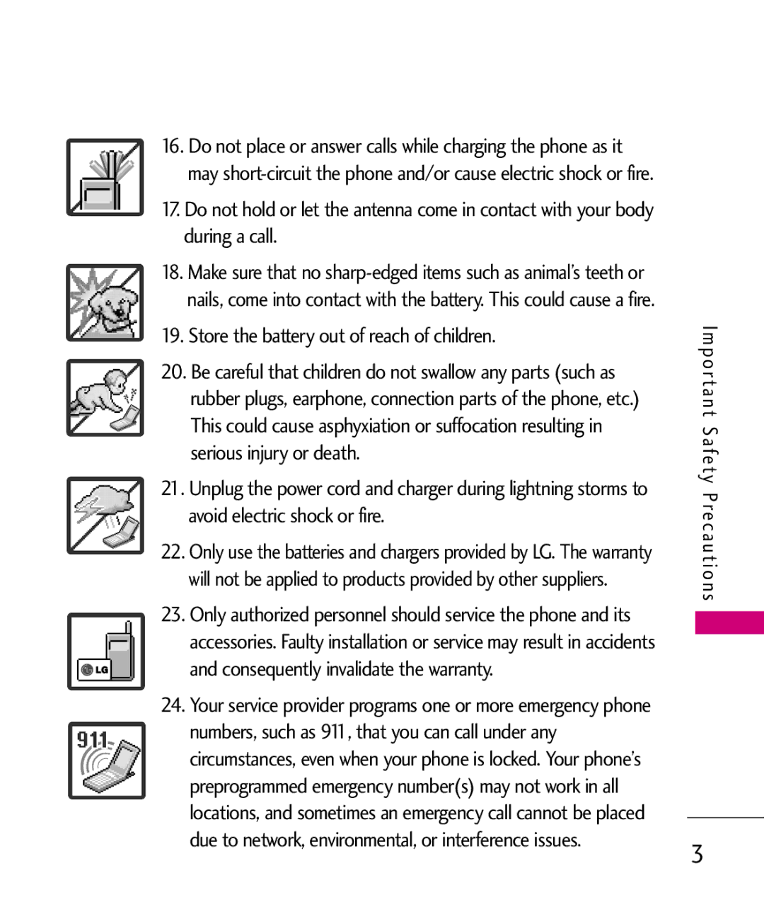 LG Electronics UN200 manual Store the battery out of reach of children 