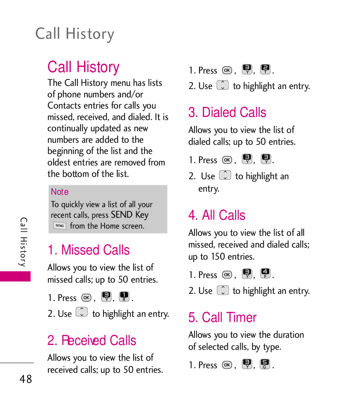 LG Electronics UN200 manual Call History 