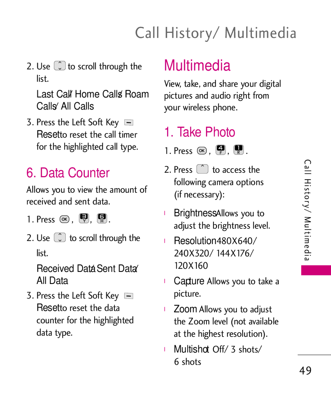 LG Electronics UN200 manual Call History/ Multimedia, Data Counter, Take Photo 