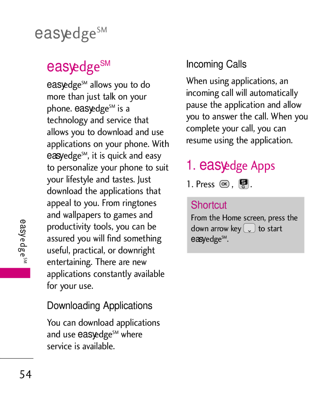 LG Electronics UN200 manual EdgeSM, Easyedge Apps, Downloading Applications, Incoming Calls 
