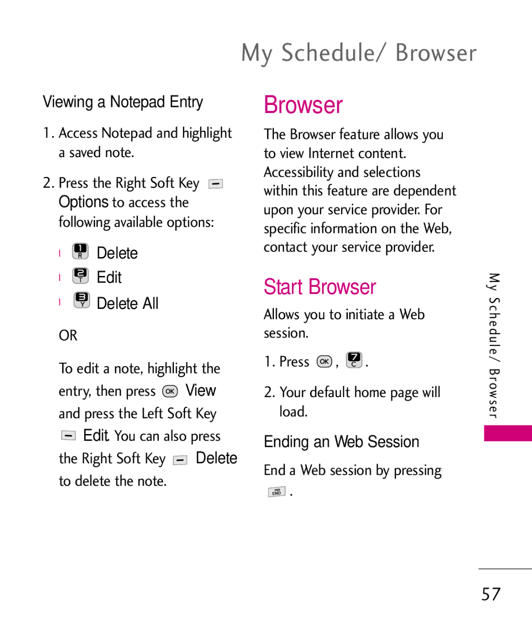 LG Electronics UN200 manual Start Browser, Viewing a Notepad Entry, Delete Edit Delete All, Ending an Web Session 