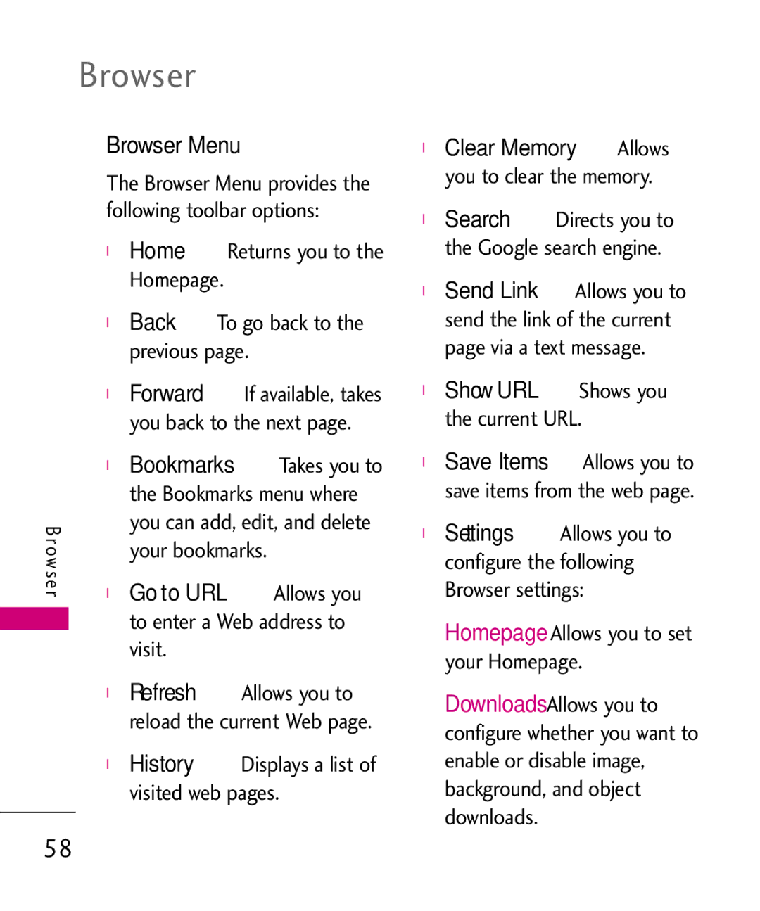 LG Electronics UN200 manual Browser Menu, Back, Go to URL Refresh 