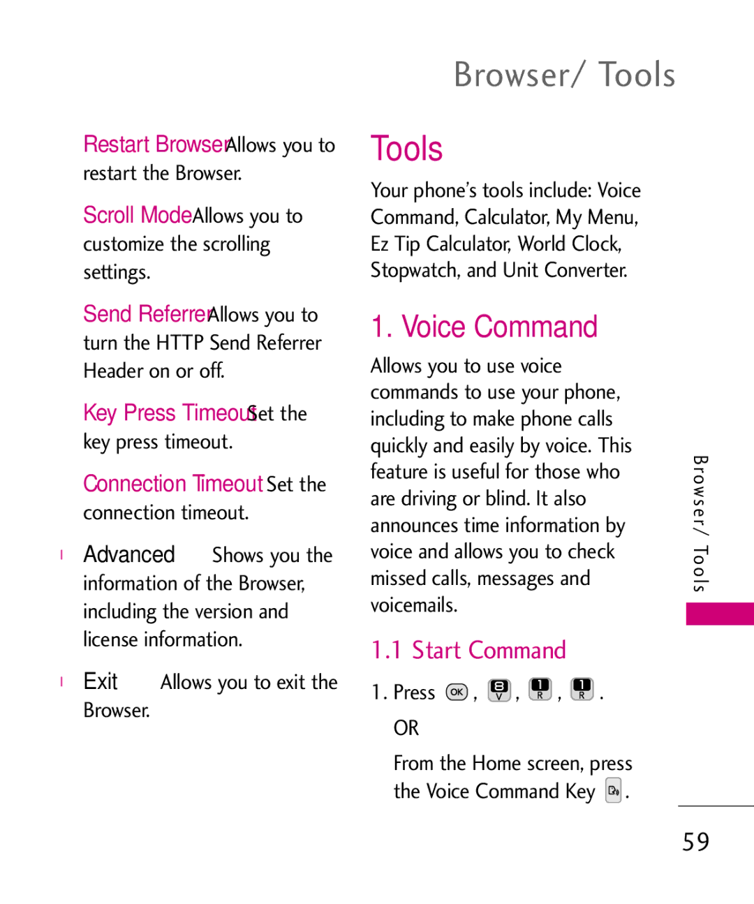 LG Electronics UN200 manual Browser/ Tools, Voice Command, Exit Allows you to exit the Browser 