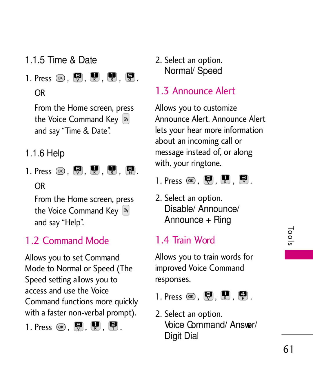 LG Electronics UN200 manual Command Mode, Announce Alert, Train Word, Time & Date, Help 